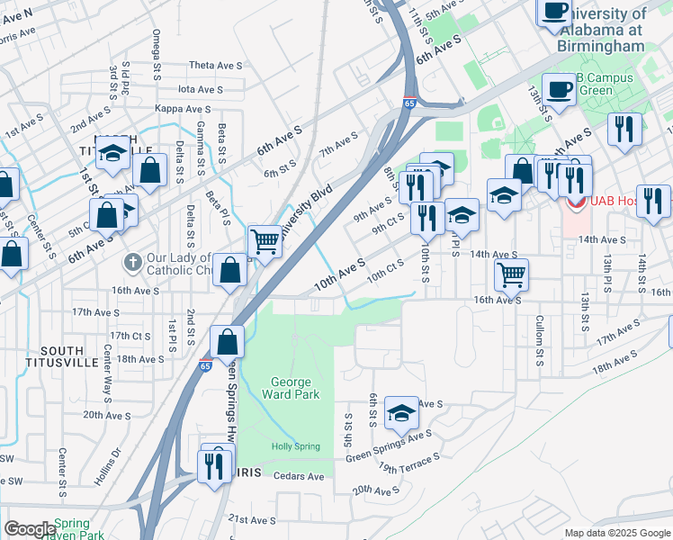 map of restaurants, bars, coffee shops, grocery stores, and more near 420 10th Avenue South in Birmingham