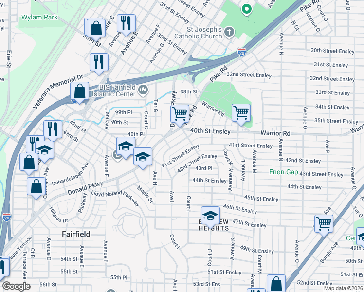 map of restaurants, bars, coffee shops, grocery stores, and more near 940 41st Street Ensley in Birmingham