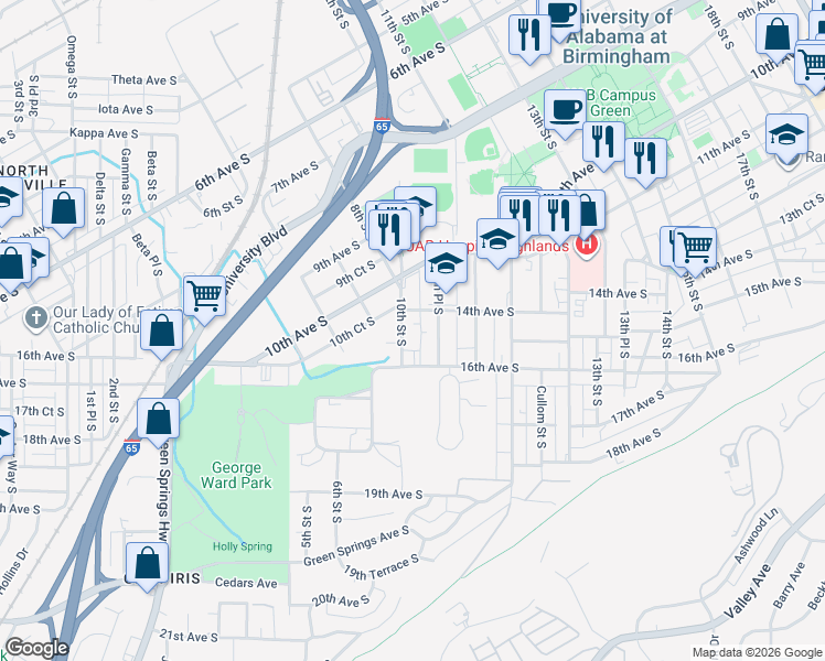 map of restaurants, bars, coffee shops, grocery stores, and more near 1424 10th Place South in Birmingham