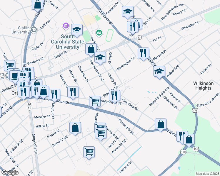 map of restaurants, bars, coffee shops, grocery stores, and more near 415 Dorchester Street Southeast in Orangeburg