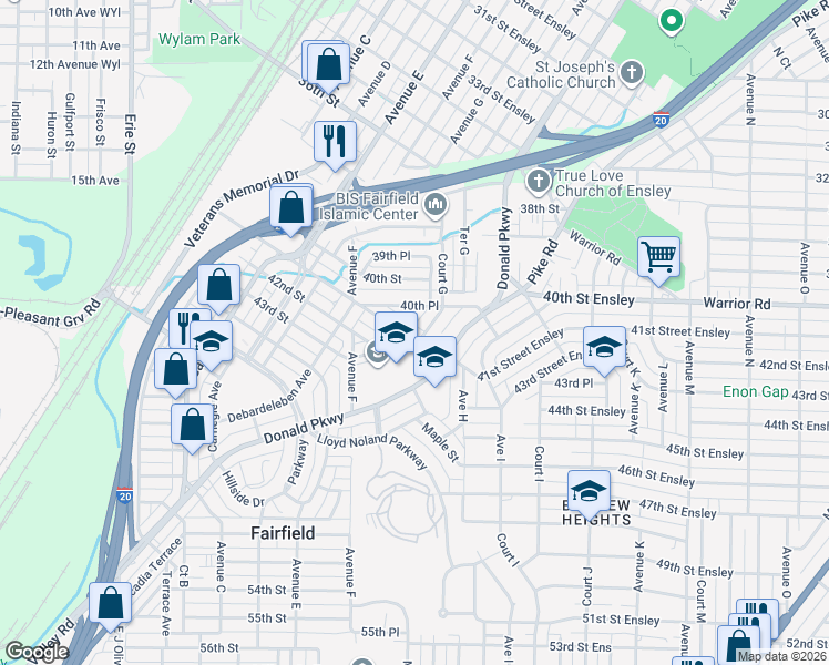map of restaurants, bars, coffee shops, grocery stores, and more near 748 41st Street Ensley in Fairfield