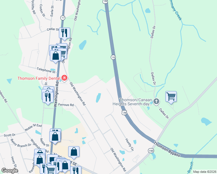 map of restaurants, bars, coffee shops, grocery stores, and more near 1233 Northview Extension in Thomson