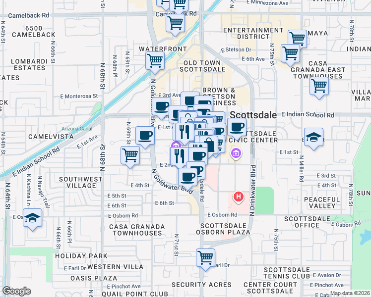 map of restaurants, bars, coffee shops, grocery stores, and more near 7142 East 1st Street in Scottsdale