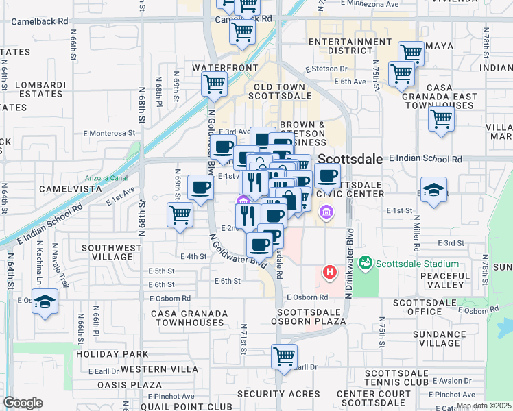 map of restaurants, bars, coffee shops, grocery stores, and more near 7142 East 1st Street in Scottsdale