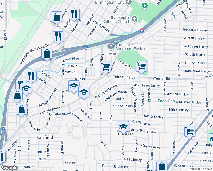 map of restaurants, bars, coffee shops, grocery stores, and more near 940 41st Street Ensley in Birmingham