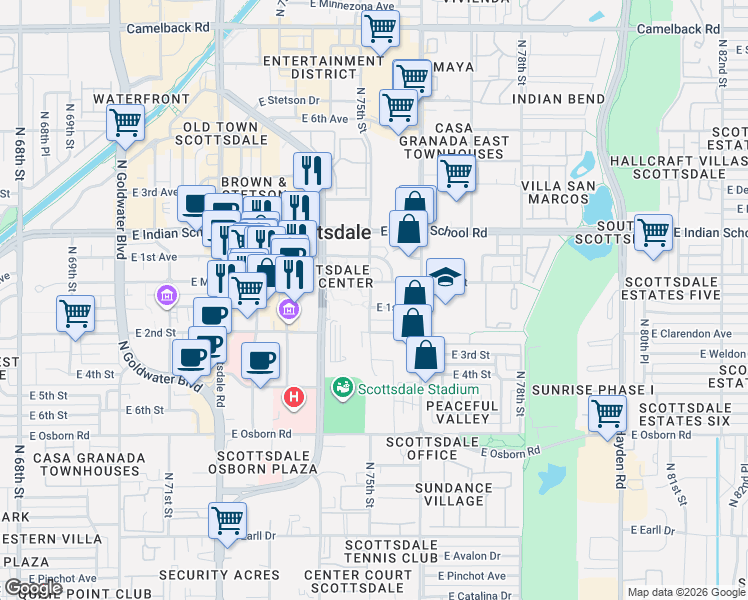 map of restaurants, bars, coffee shops, grocery stores, and more near 7503 East 1st Street in Scottsdale