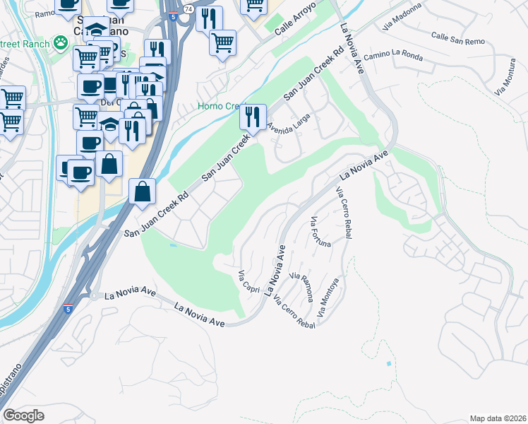 map of restaurants, bars, coffee shops, grocery stores, and more near 27345 Via Capri in San Juan Capistrano