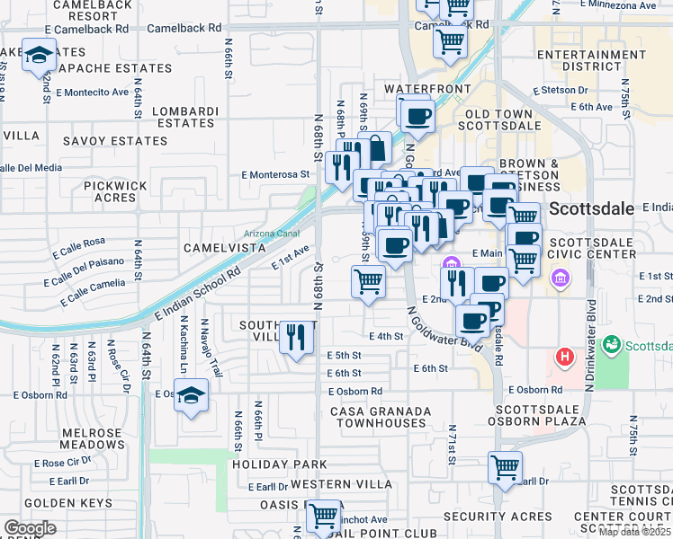 map of restaurants, bars, coffee shops, grocery stores, and more near 6804 East 2nd Street in Scottsdale