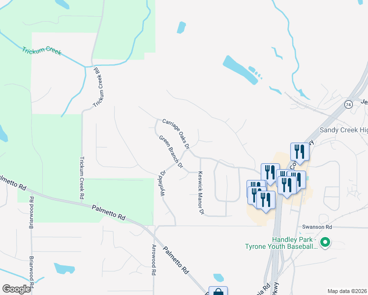 map of restaurants, bars, coffee shops, grocery stores, and more near 203 Wynfield Drive in Tyrone