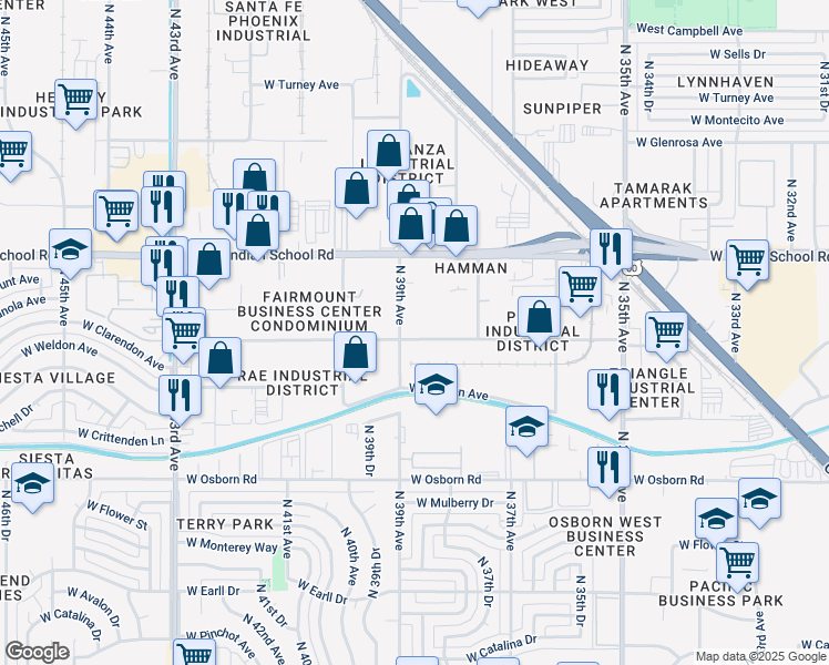 map of restaurants, bars, coffee shops, grocery stores, and more near 3812 North 39th Avenue in Phoenix