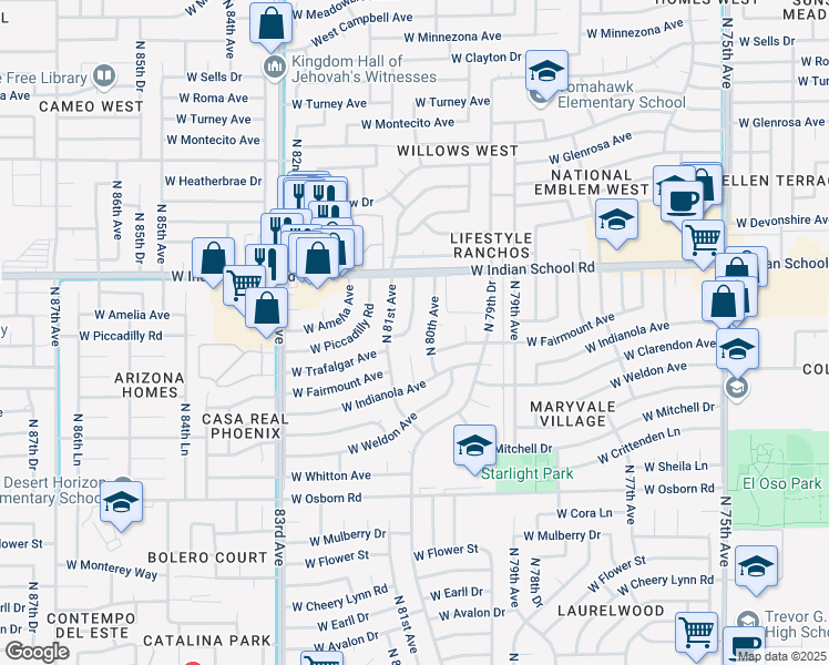 map of restaurants, bars, coffee shops, grocery stores, and more near 4009 North 80th Drive in Phoenix