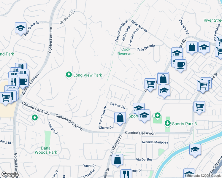 map of restaurants, bars, coffee shops, grocery stores, and more near 25536 Spinnaker Drive in San Juan Capistrano