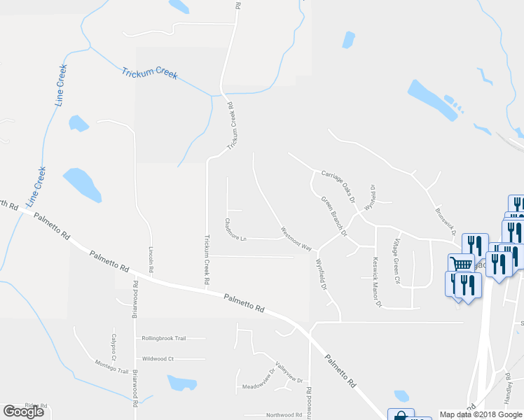 map of restaurants, bars, coffee shops, grocery stores, and more near 114 Westmont Way in Tyrone