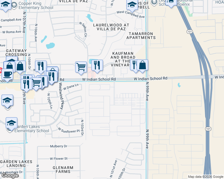 map of restaurants, bars, coffee shops, grocery stores, and more near 10001-10085 West Indian School Road in Phoenix