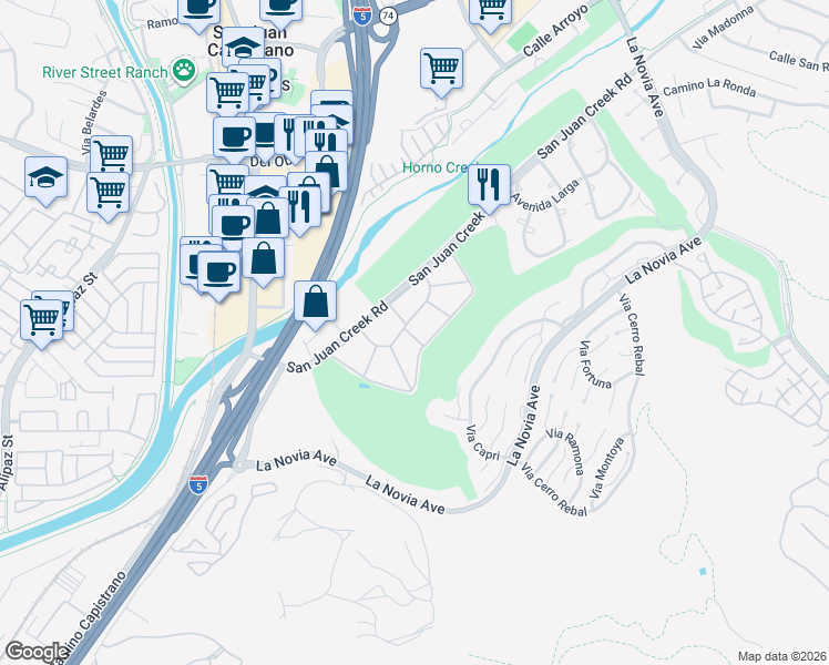 map of restaurants, bars, coffee shops, grocery stores, and more near in San Juan Capistrano
