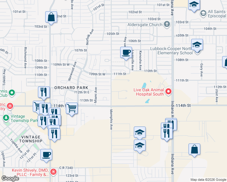 map of restaurants, bars, coffee shops, grocery stores, and more near Memphis Avenue in Lubbock