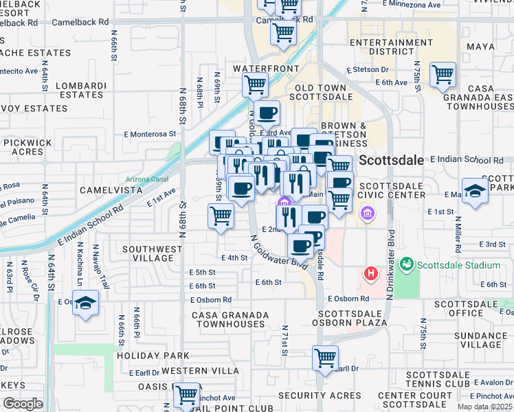 map of restaurants, bars, coffee shops, grocery stores, and more near 3833 North Goldwater Boulevard in Scottsdale