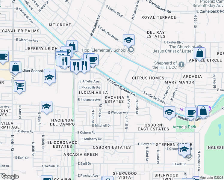 map of restaurants, bars, coffee shops, grocery stores, and more near 3833 North 50th Place in Phoenix