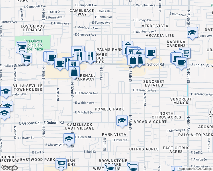 map of restaurants, bars, coffee shops, grocery stores, and more near 3409 East Indianola Avenue in Phoenix