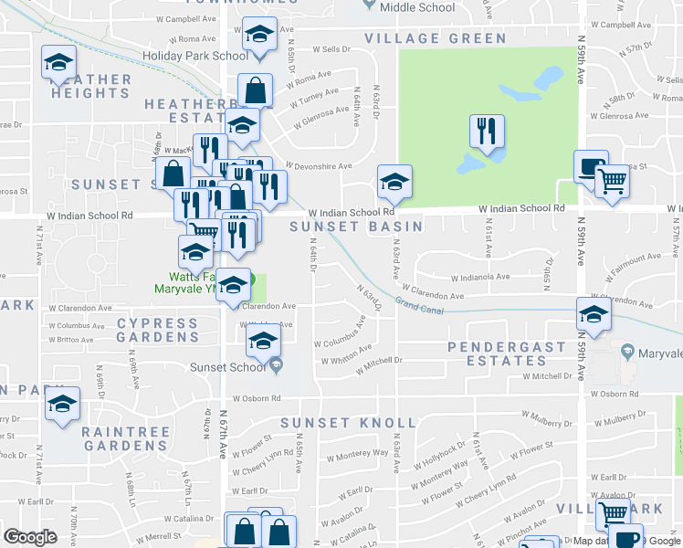 map of restaurants, bars, coffee shops, grocery stores, and more near 3848 North 63rd Drive in Phoenix