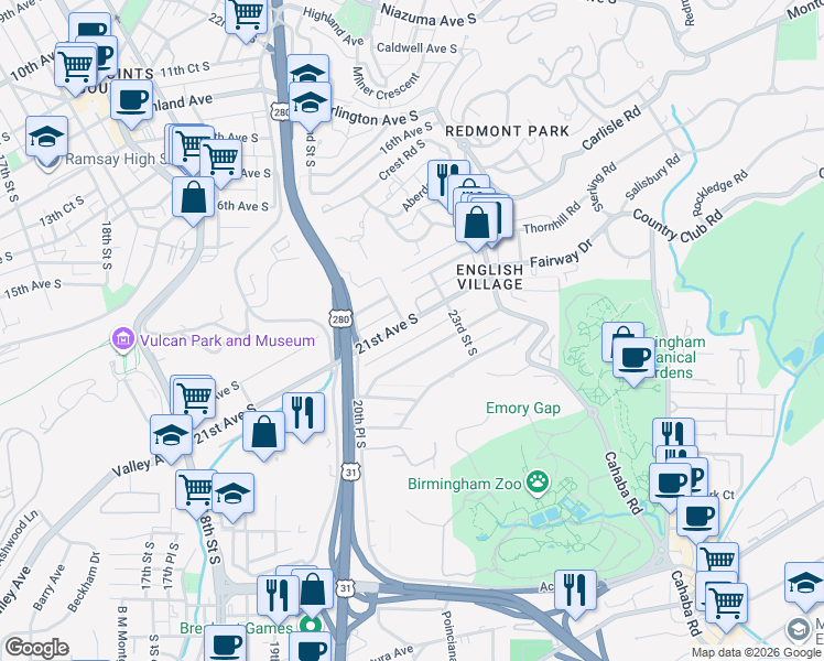 map of restaurants, bars, coffee shops, grocery stores, and more near 2200 English Village Lane in Birmingham