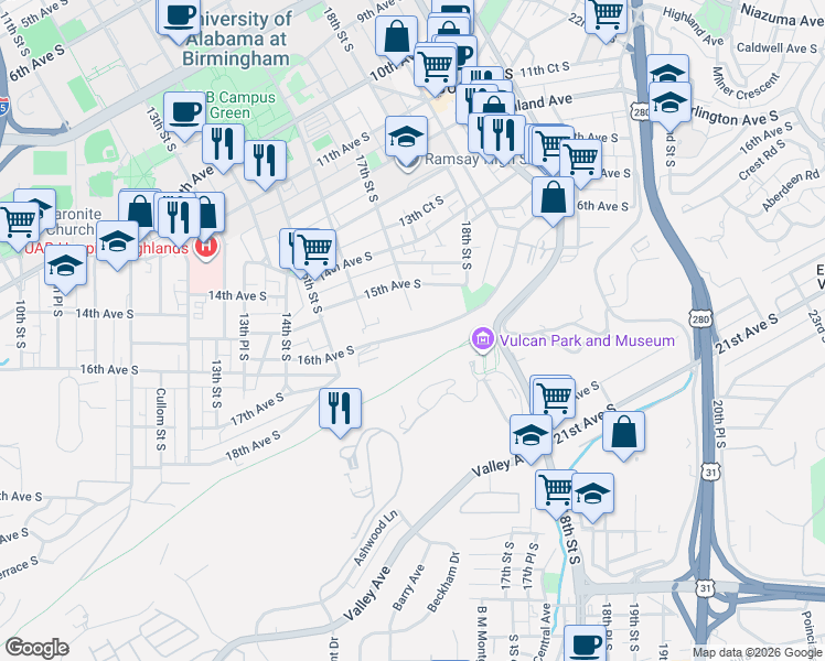 map of restaurants, bars, coffee shops, grocery stores, and more near 1615 16th Avenue South in Birmingham