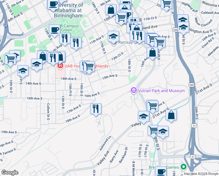 map of restaurants, bars, coffee shops, grocery stores, and more near 1615 16th Avenue South in Birmingham