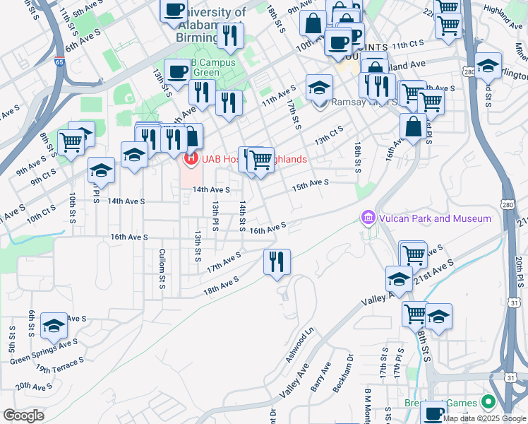 map of restaurants, bars, coffee shops, grocery stores, and more near 1542 15th Street South in Birmingham
