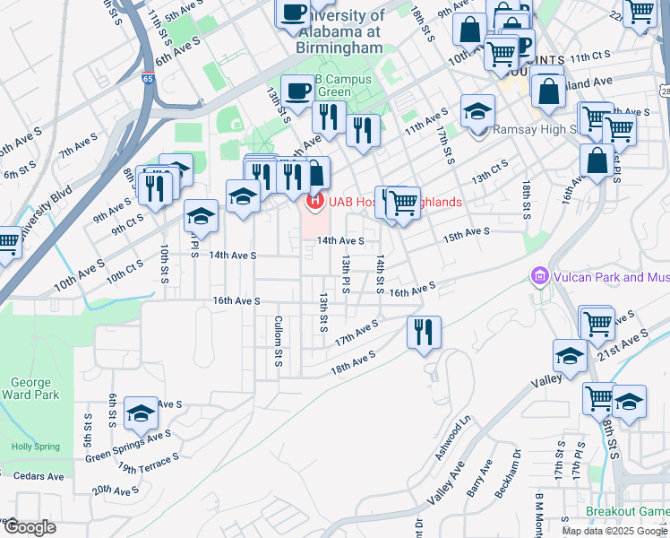 map of restaurants, bars, coffee shops, grocery stores, and more near 1500 13th Place South in Birmingham