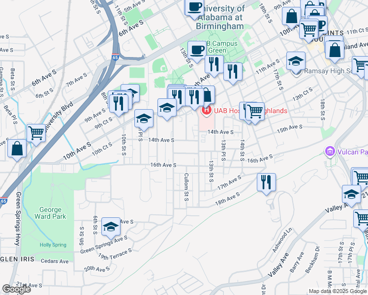 map of restaurants, bars, coffee shops, grocery stores, and more near 1164 16th Avenue South in Birmingham