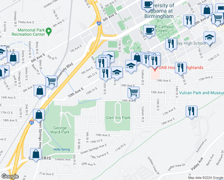 map of restaurants, bars, coffee shops, grocery stores, and more near 1424 10th Place South in Birmingham