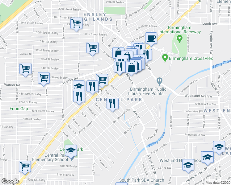 map of restaurants, bars, coffee shops, grocery stores, and more near 4648 Avenue U in Birmingham