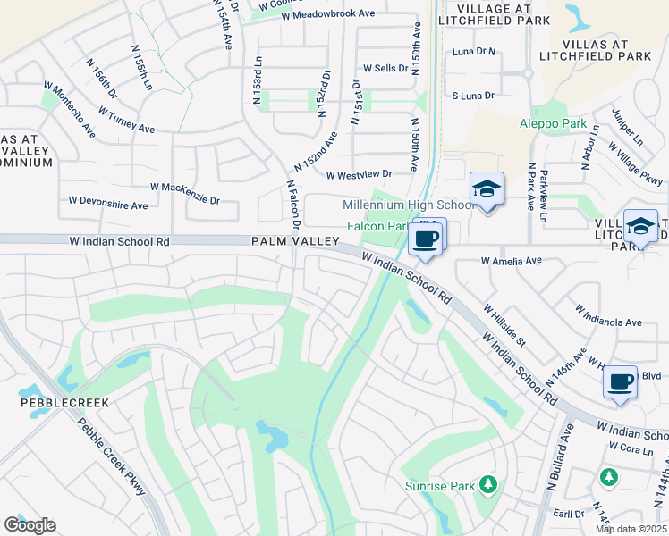 map of restaurants, bars, coffee shops, grocery stores, and more near 15099 West Amelia Drive in Goodyear