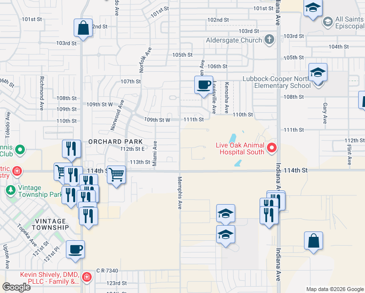 map of restaurants, bars, coffee shops, grocery stores, and more near Memphis Avenue in Lubbock