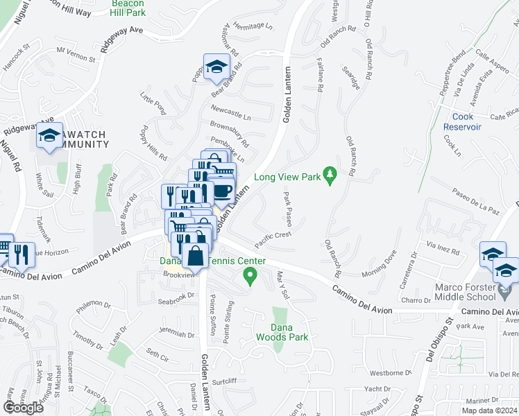 map of restaurants, bars, coffee shops, grocery stores, and more near 15 Larkfield Lane in Laguna Niguel