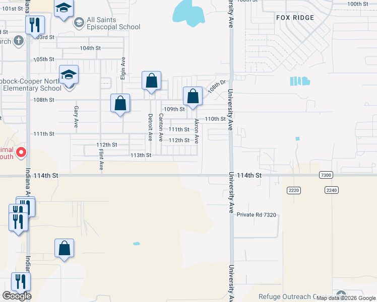 map of restaurants, bars, coffee shops, grocery stores, and more near 2611 113th Street in Lubbock