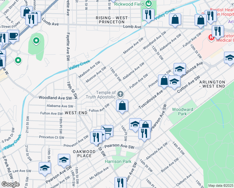 map of restaurants, bars, coffee shops, grocery stores, and more near 1536 Fulton Avenue Southwest in Birmingham