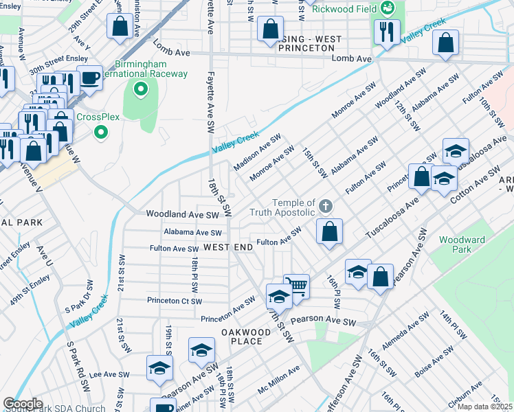 map of restaurants, bars, coffee shops, grocery stores, and more near 304 16th Place Southwest in Birmingham