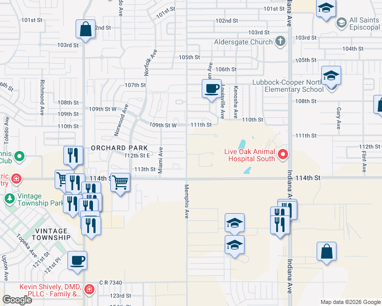 map of restaurants, bars, coffee shops, grocery stores, and more near Memphis Avenue in Lubbock