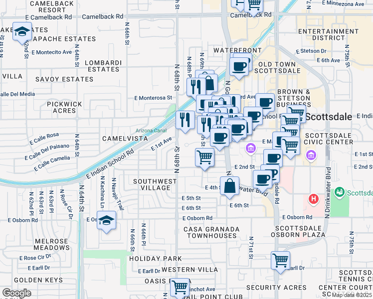 map of restaurants, bars, coffee shops, grocery stores, and more near 6804 East 2nd Street in Scottsdale