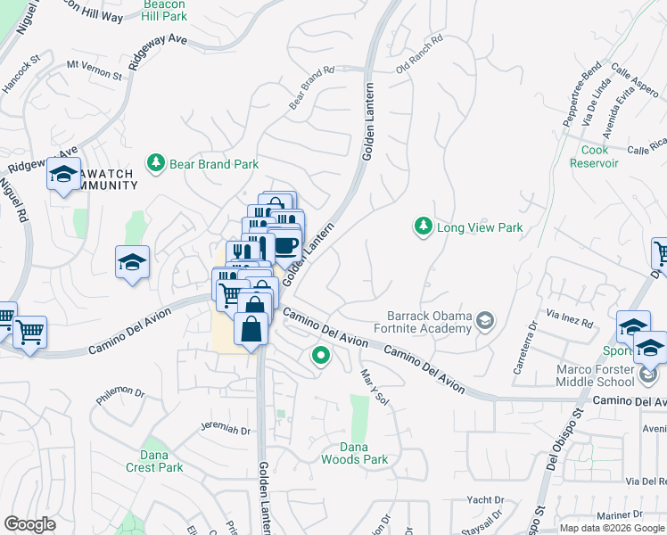 map of restaurants, bars, coffee shops, grocery stores, and more near 15 Larkfield Lane in Laguna Niguel