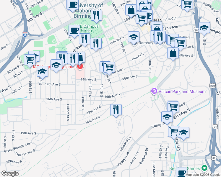 map of restaurants, bars, coffee shops, grocery stores, and more near 1435 15th Avenue South in Birmingham