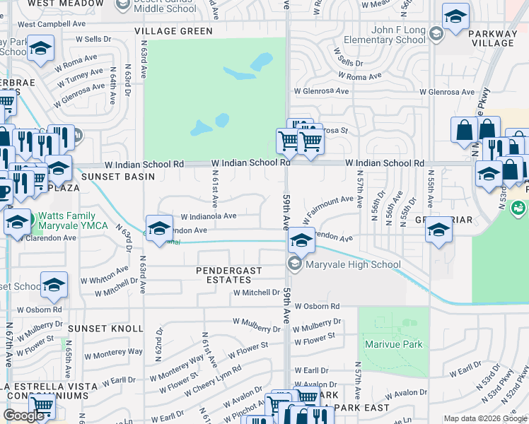 map of restaurants, bars, coffee shops, grocery stores, and more near 3805 North 59th Drive in Phoenix