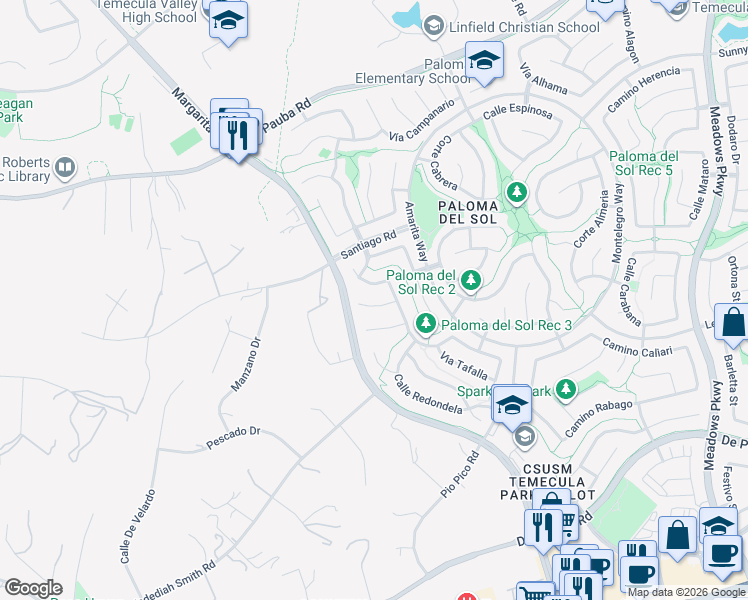 map of restaurants, bars, coffee shops, grocery stores, and more near 31718 Corte Cardenas in Temecula