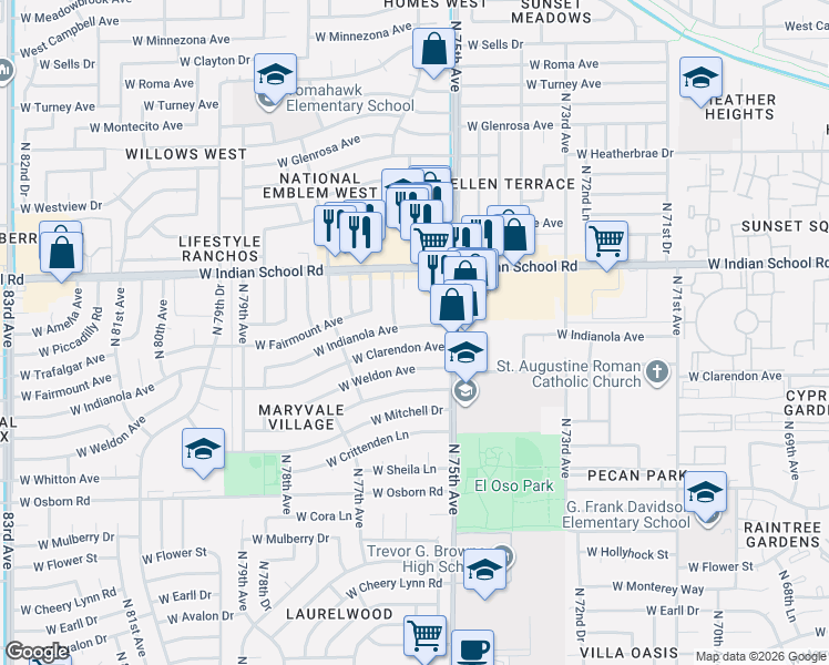 map of restaurants, bars, coffee shops, grocery stores, and more near 7539 West Clarendon Avenue in Phoenix