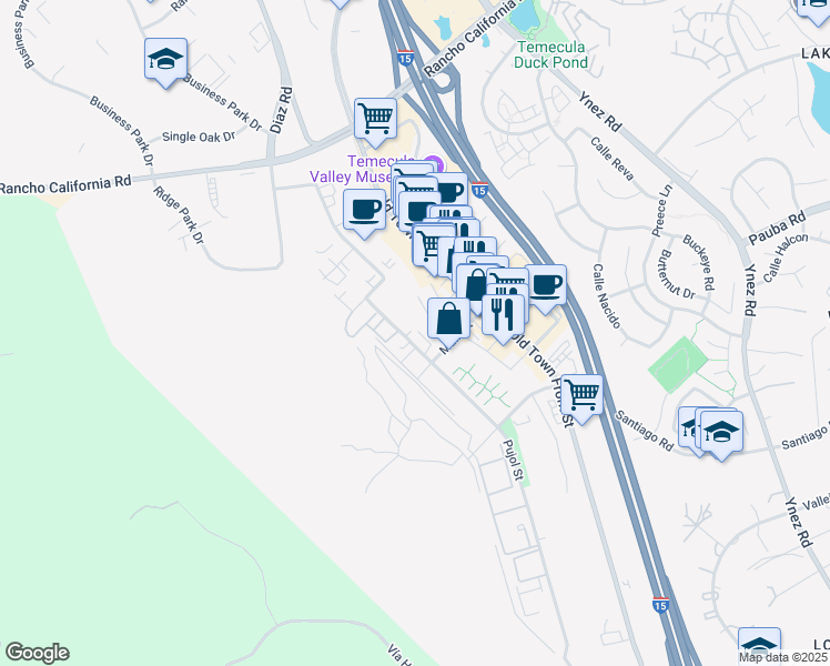 map of restaurants, bars, coffee shops, grocery stores, and more near 28590 Pujol Street in Temecula