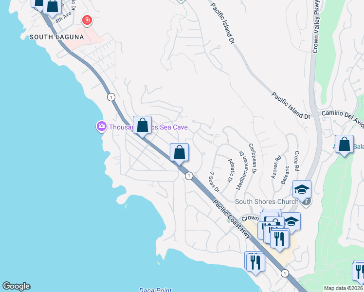 map of restaurants, bars, coffee shops, grocery stores, and more near 32391 Via Antibes in Dana Point