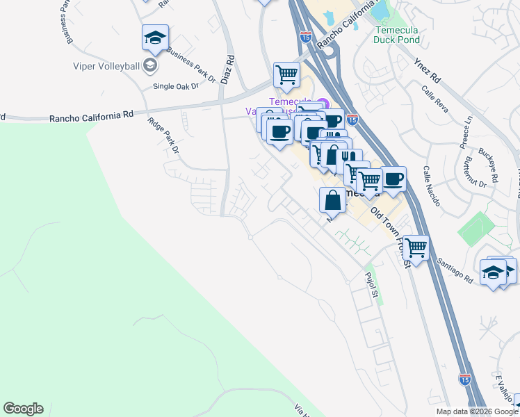 map of restaurants, bars, coffee shops, grocery stores, and more near 28450 6th Street in Temecula
