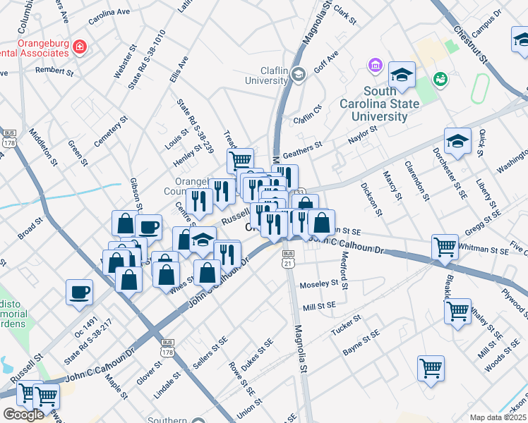 map of restaurants, bars, coffee shops, grocery stores, and more near 1680 Russell Street in Orangeburg