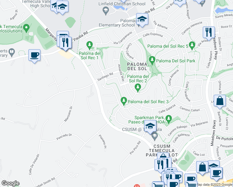 map of restaurants, bars, coffee shops, grocery stores, and more near 43440 Vía Barrozo in Temecula